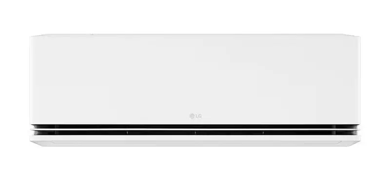 Een rechthoekige witte wandgemonteerde LG Dualcool airconditioner met horizontale ventilatieopeningen aan de onderkant.