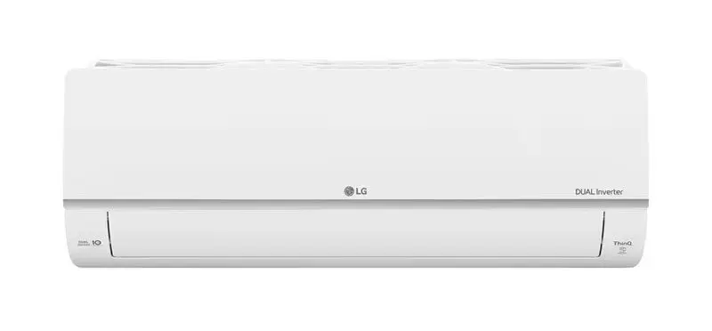 Een witte LG Dualcool Deluxe Inverter airconditioner unit met een minimalistisch design.