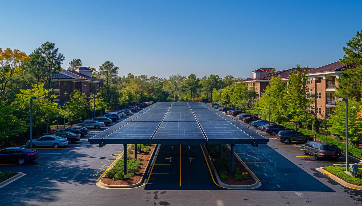 Een carport met een overdekte constructie voorzien van zonnepanelen, omgeven door bomen en geflankeerd door woongebouwen onder een helderblauwe hemel.