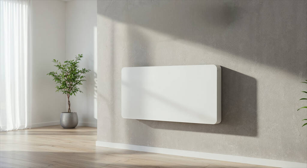Een moderne witte airco zonder buitenunit verwarming is bevestigd aan een lichtgrijze muur in een lichte kamer met houten vloeren en een potplant.